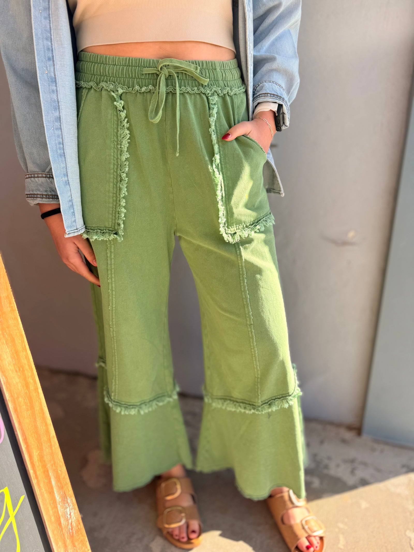 Easel Green Wide Leg Mineral Wash Bottoms