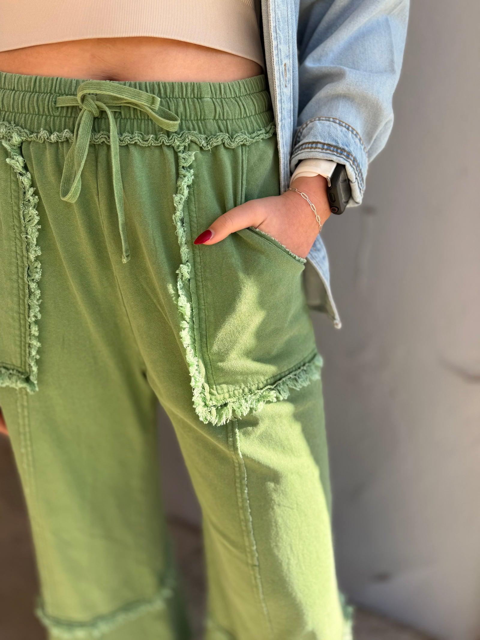 Easel Green Wide Leg Mineral Wash Bottoms