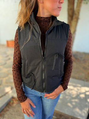 Very J Black Tie Detail Casual Puffer Vest