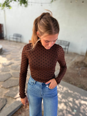Very J Brown Polka Dot High Neck Fitted Sheer Mesh Top