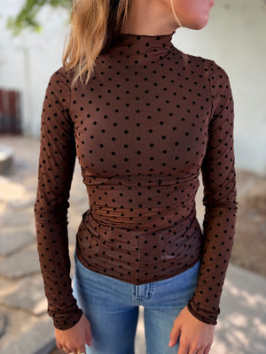 Very J Brown Polka Dot High Neck Fitted Sheer Mesh Top