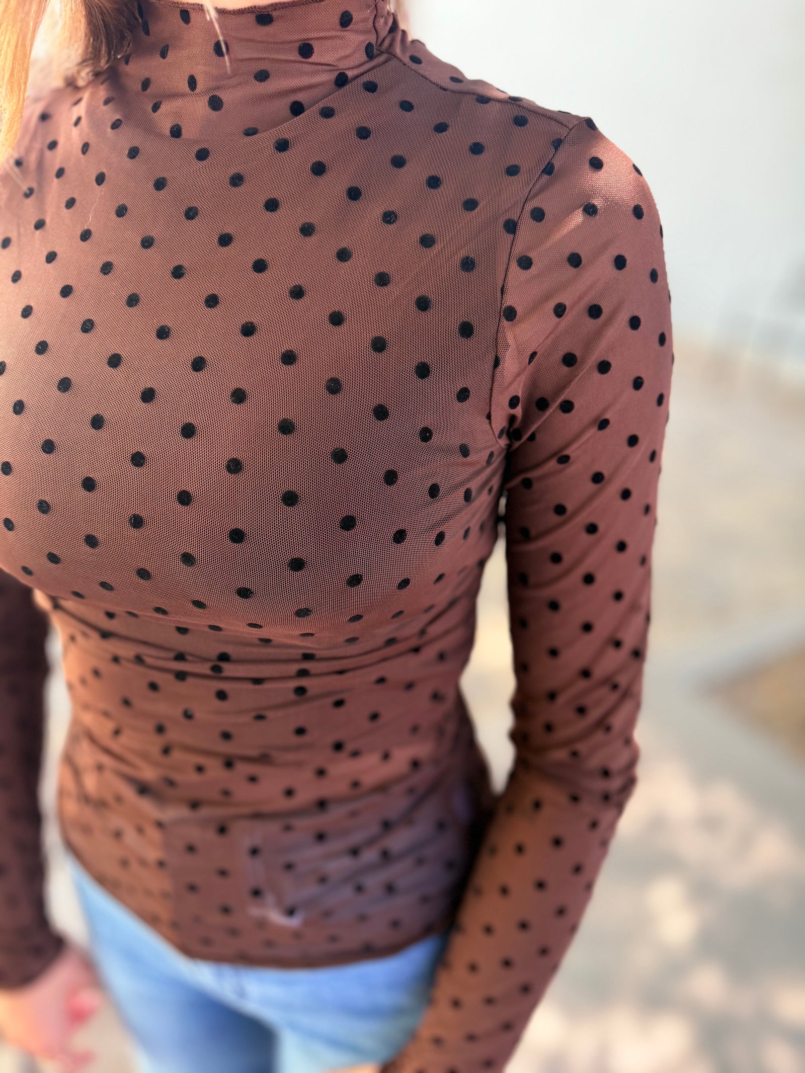 Very J Brown Polka Dot High Neck Fitted Sheer Mesh Top