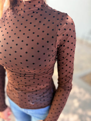 Very J Brown Polka Dot High Neck Fitted Sheer Mesh Top