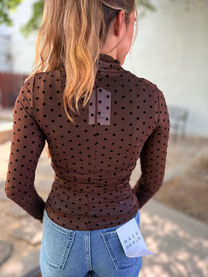 Very J Brown Polka Dot High Neck Fitted Sheer Mesh Top