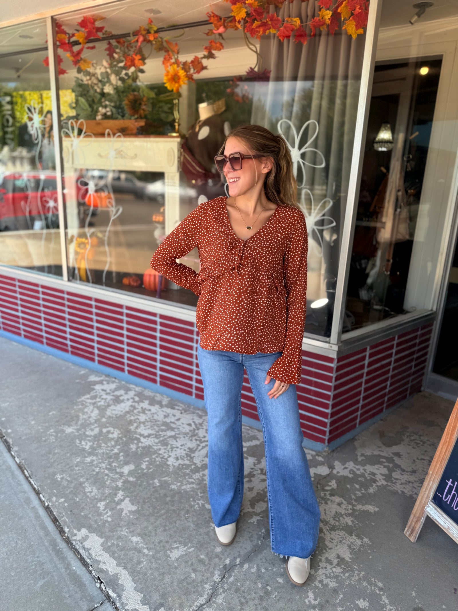Very J Rust Dotted Ruffled Bell SleeveTop