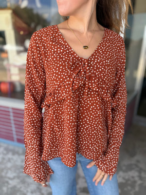 Very J Rust Dotted Ruffled Bell SleeveTop