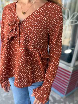 Very J Rust Dotted Ruffled Bell SleeveTop