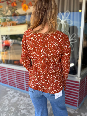 Very J Rust Dotted Ruffled Bell SleeveTop