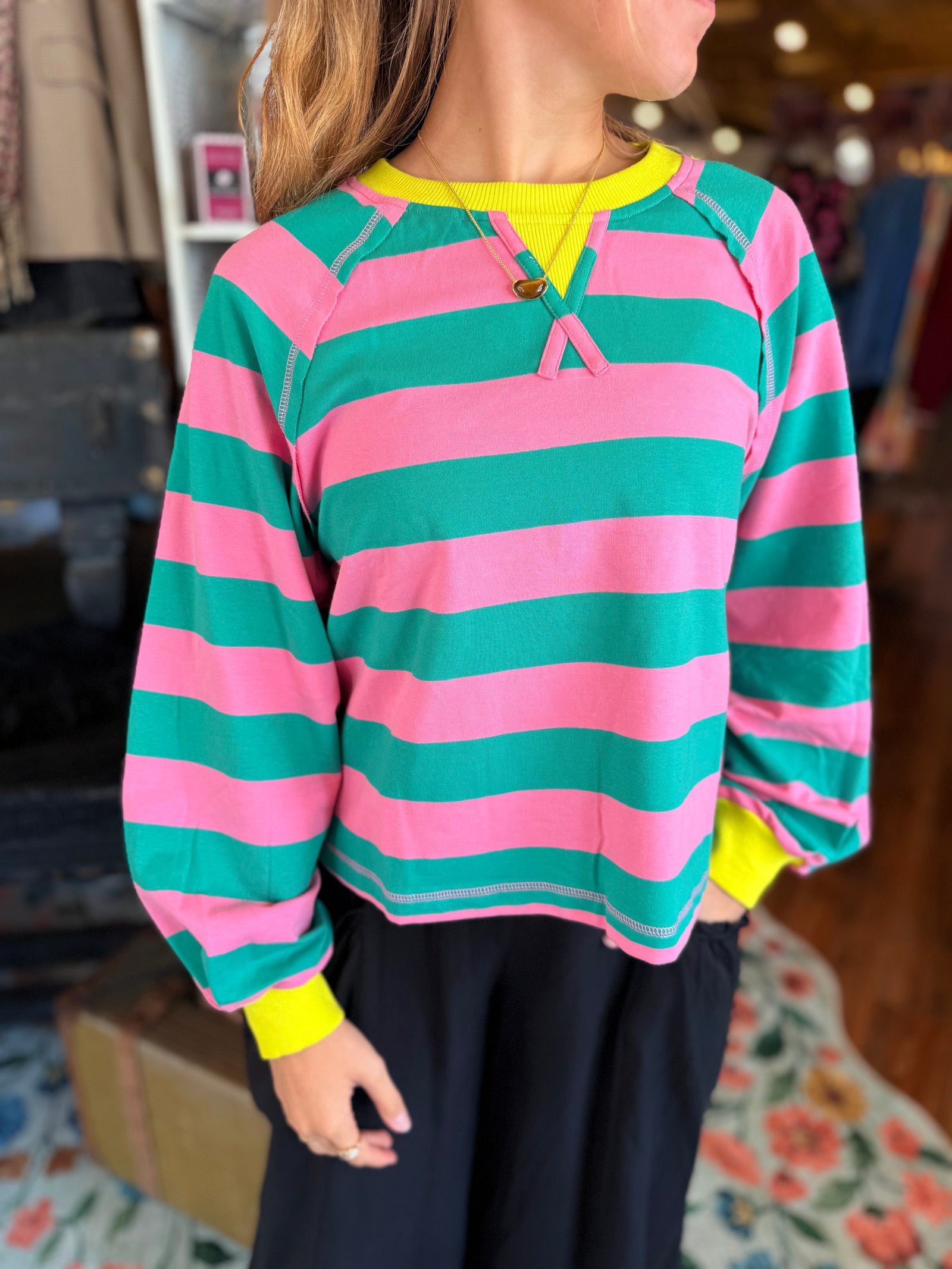 Very J Pink + Seafoam Casual Striped Top