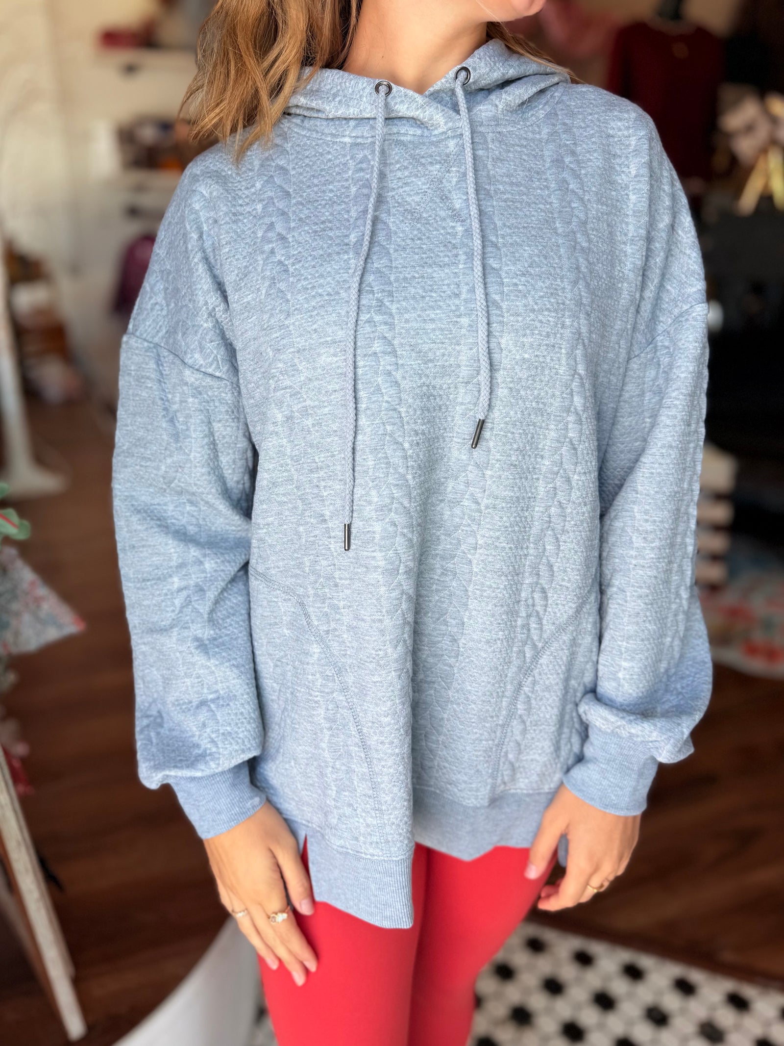Very J Heather Grey Oversized Cable Knit Hoodie Top