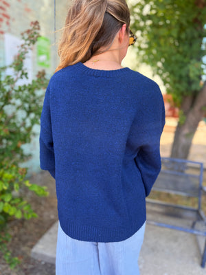 Very J Navy Dog Jersey Graphic Knit Sweater