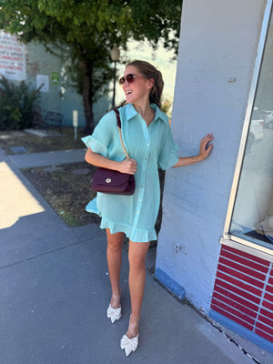 Very J Sage Pleated Detail Button Down Mini Dress