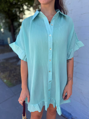 Very J Sage Pleated Detail Button Down Mini Dress