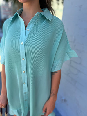 Very J Sage Pleated Detail Button Down Mini Dress
