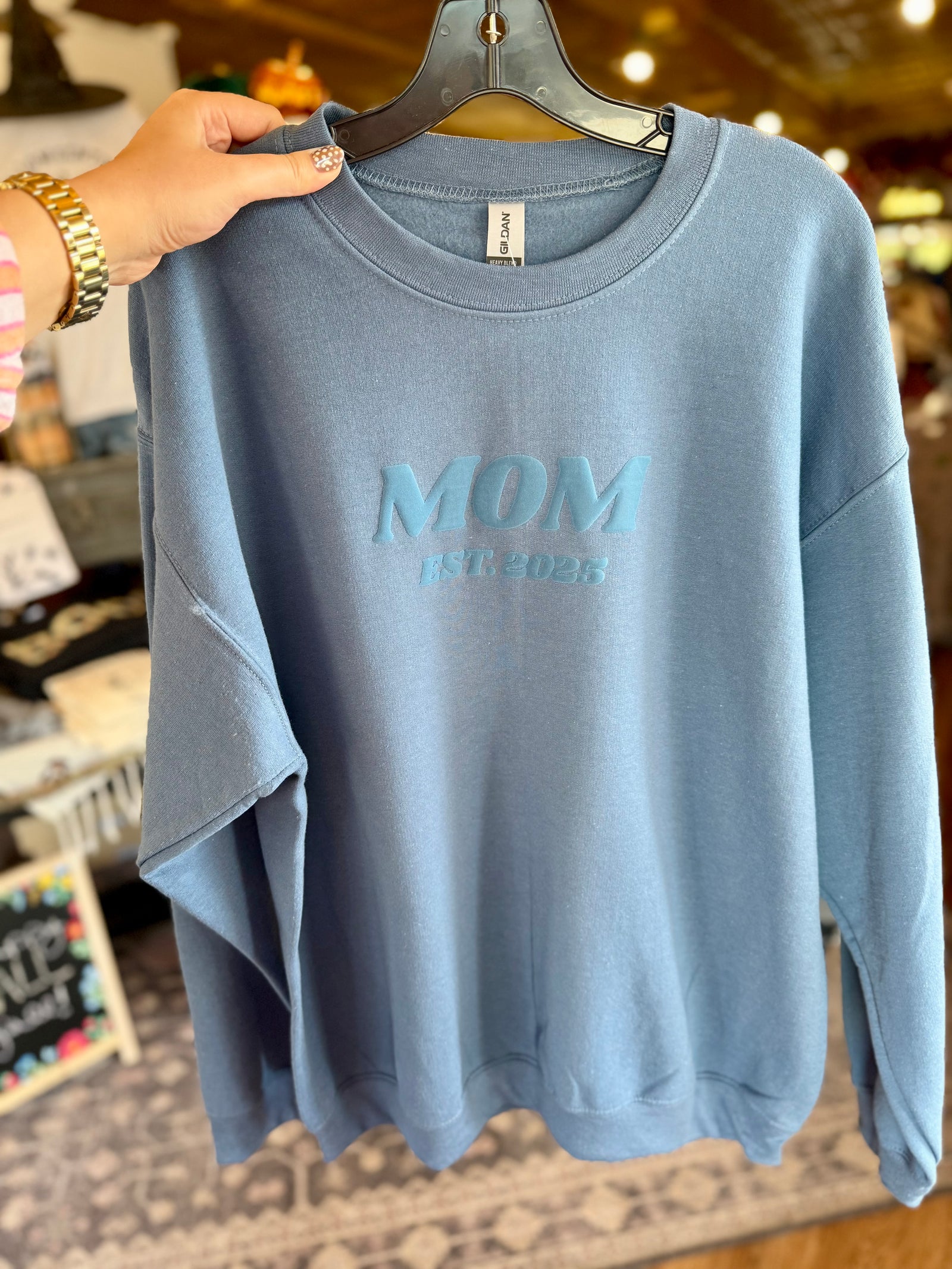 Indigo Monochromatic Puff Print "MOM" Sweatshirt