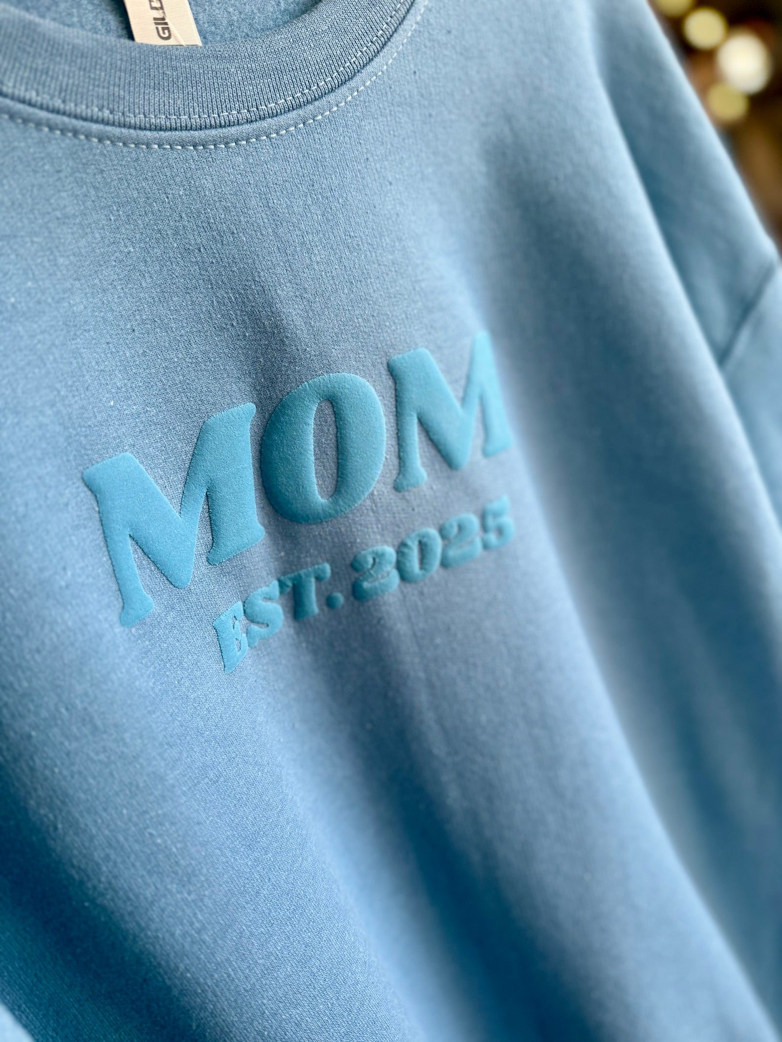 Indigo Monochromatic Puff Print "MOM" Sweatshirt