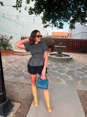 She + Sky Black Puff Sleeve Plaid Smocked Top