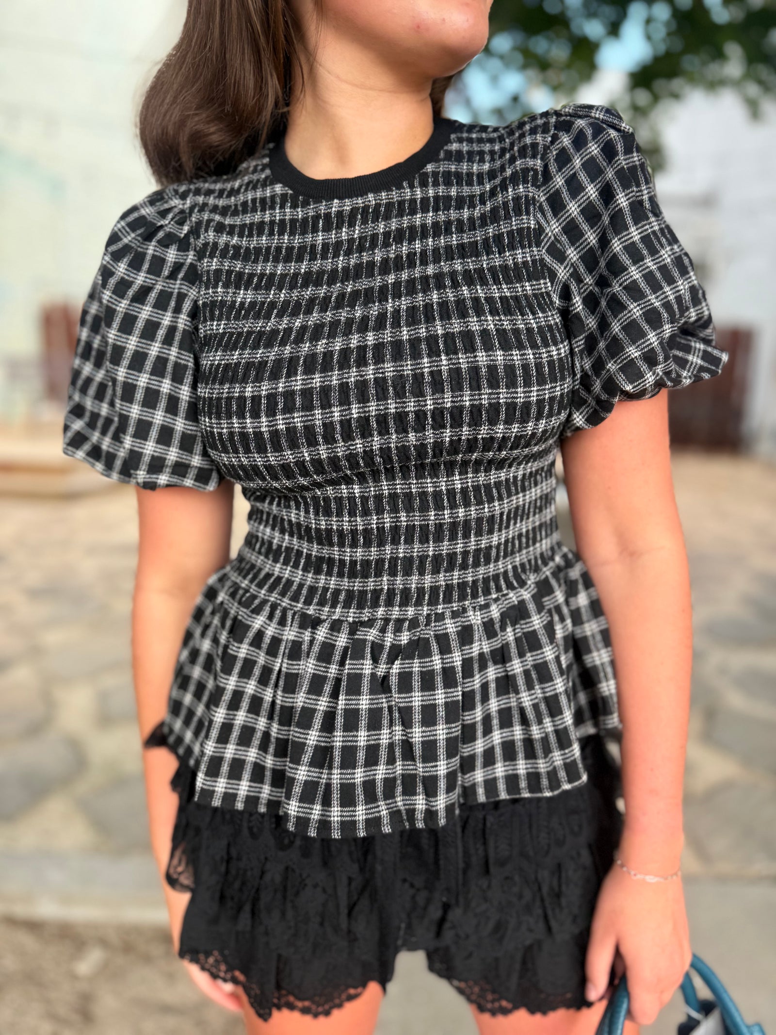 She + Sky Black Puff Sleeve Plaid Smocked Top