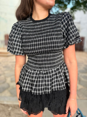 She + Sky Black Puff Sleeve Plaid Smocked Top