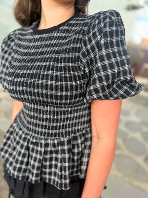 She + Sky Black Puff Sleeve Plaid Smocked Top