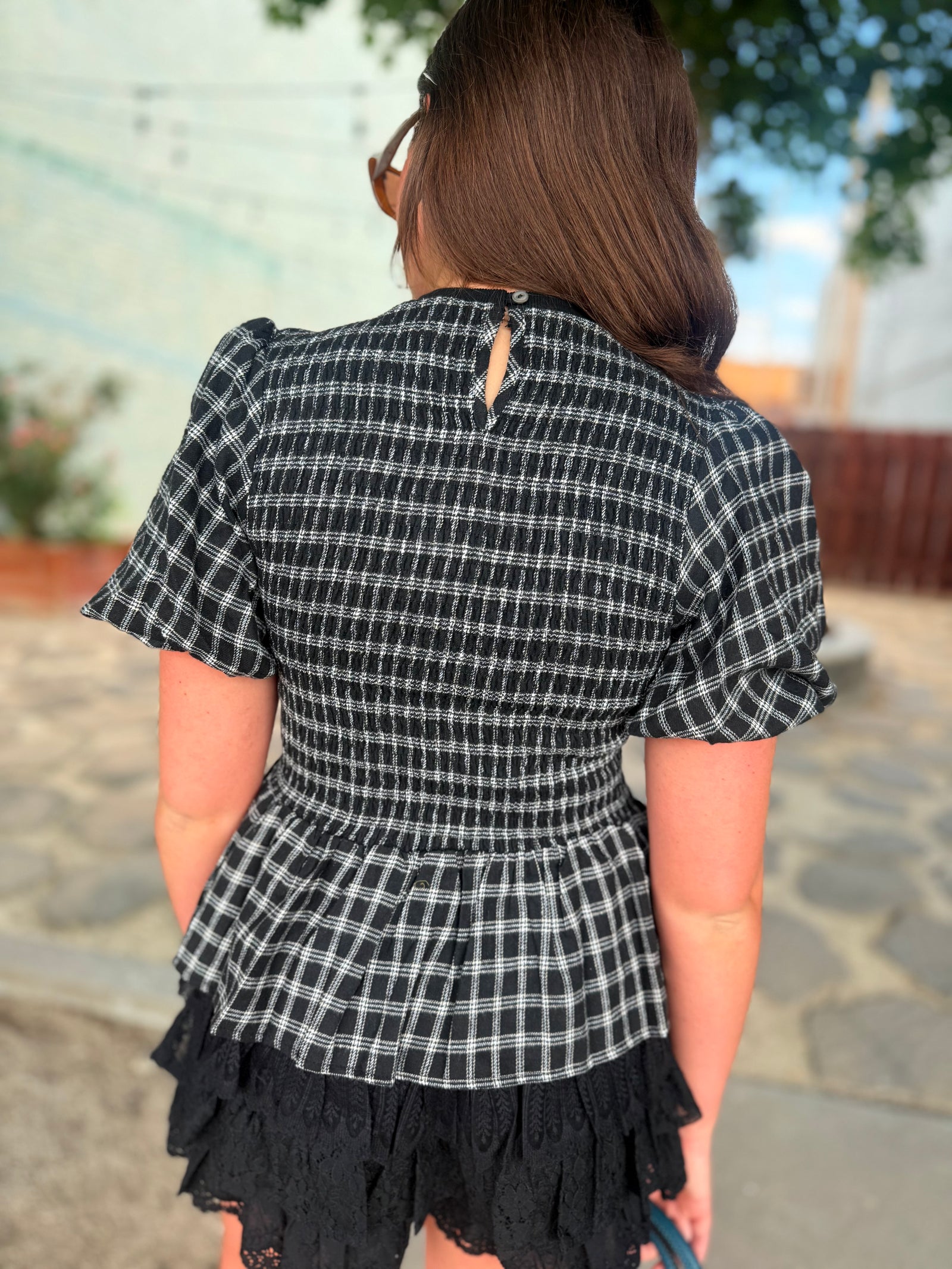 She + Sky Black Puff Sleeve Plaid Smocked Top
