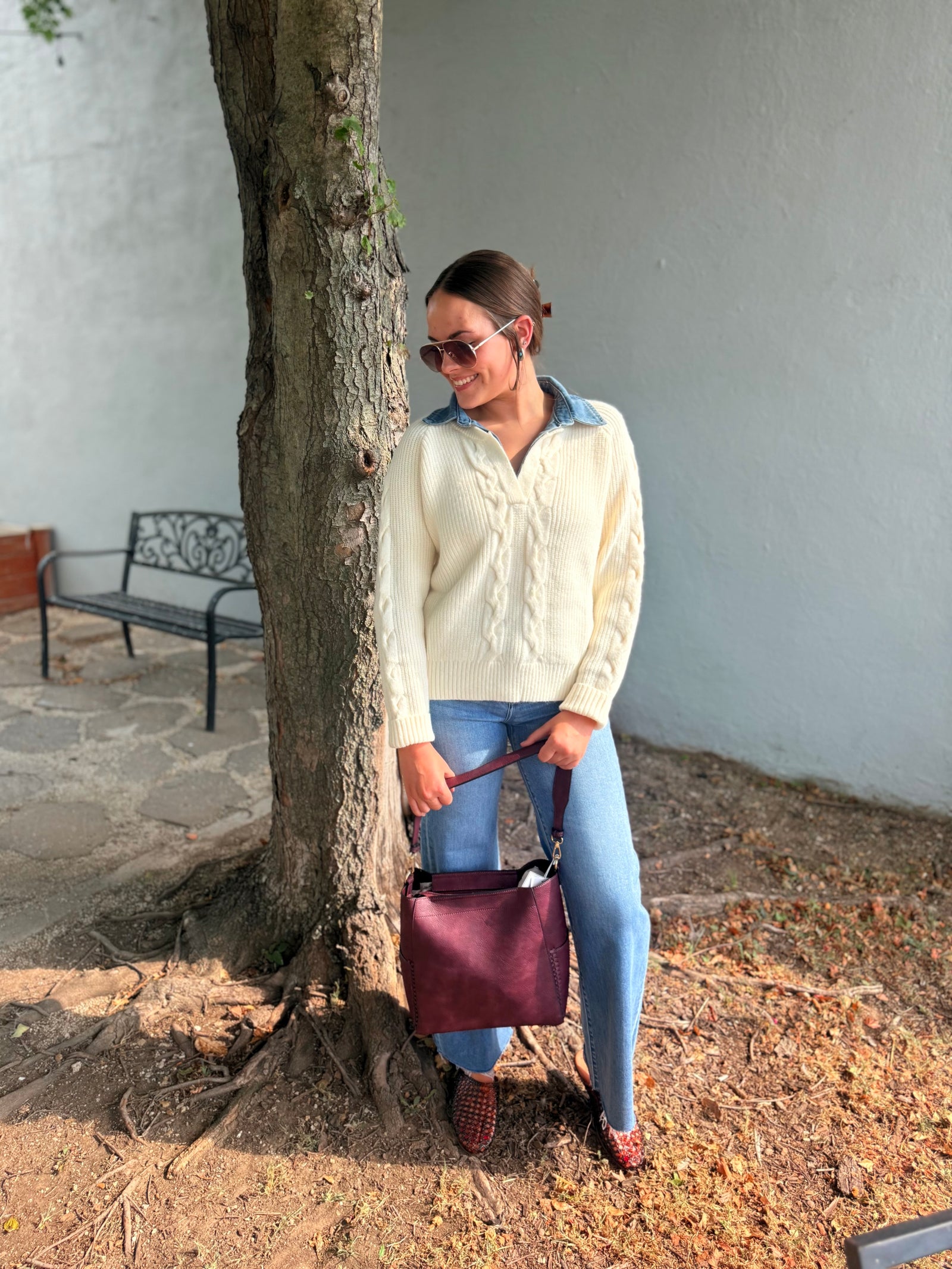 She + Sky Cream Sweater w/ Denim Collar