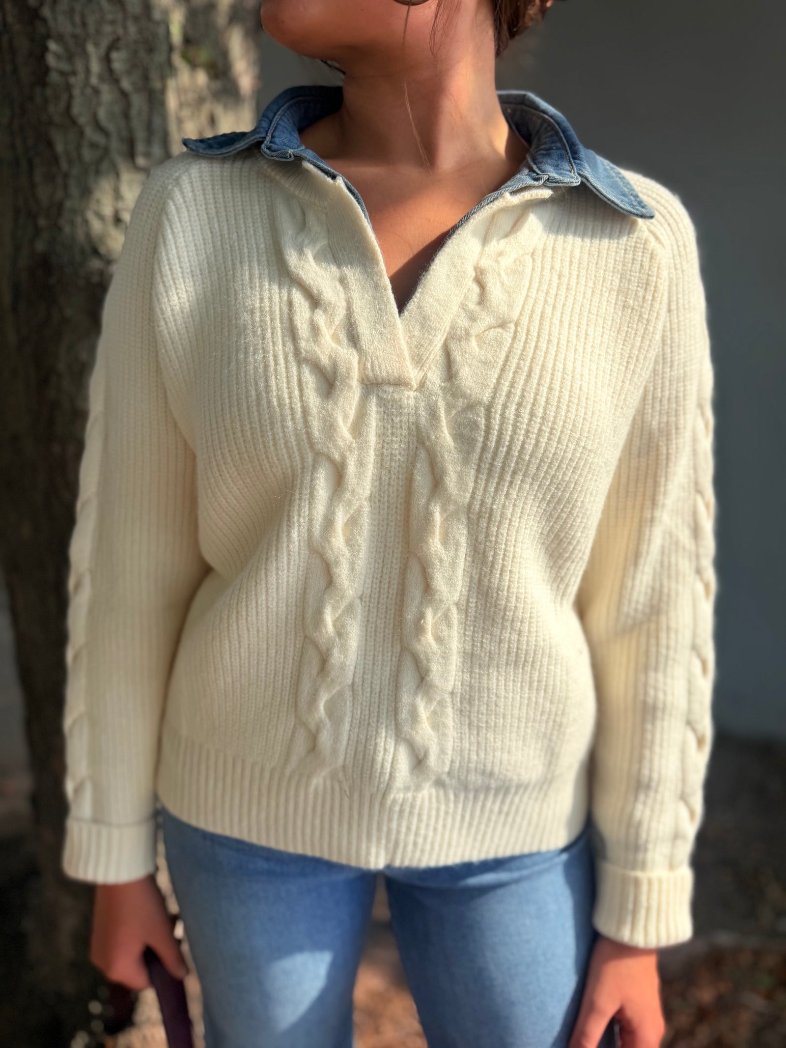 She + Sky Cream Sweater w/ Denim Collar