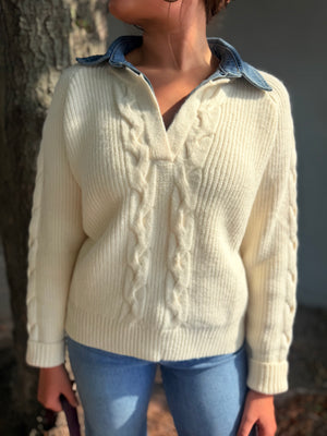 She + Sky Cream Sweater w/ Denim Collar