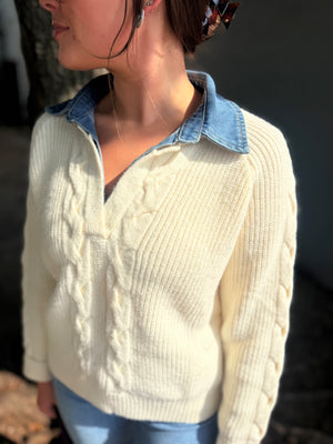 She + Sky Cream Sweater w/ Denim Collar