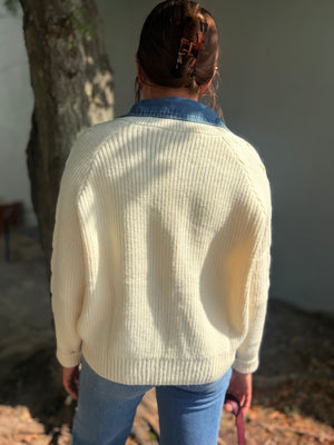 She + Sky Cream Sweater w/ Denim Collar