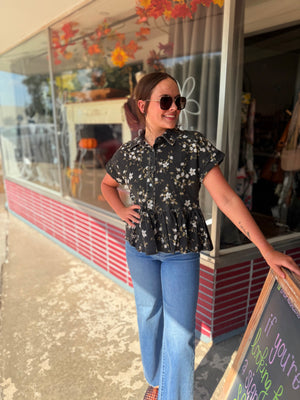 She + Sky Black Twill Floral Print Button Down Top