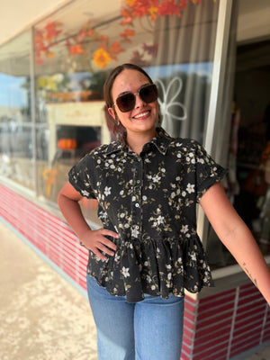 She + Sky Black Twill Floral Print Button Down Top