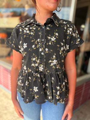 She + Sky Black Twill Floral Print Button Down Top