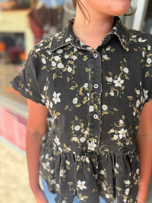 She + Sky Black Twill Floral Print Button Down Top
