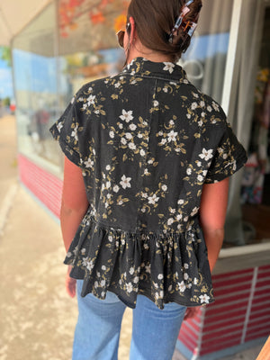 She + Sky Black Twill Floral Print Button Down Top