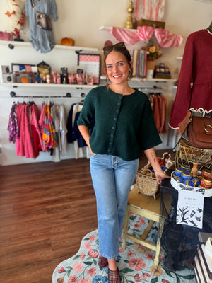 She + Sky Hunter Green Short Sleeve Button Down Cardigan
