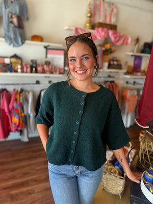 She + Sky Hunter Green Short Sleeve Button Down Cardigan