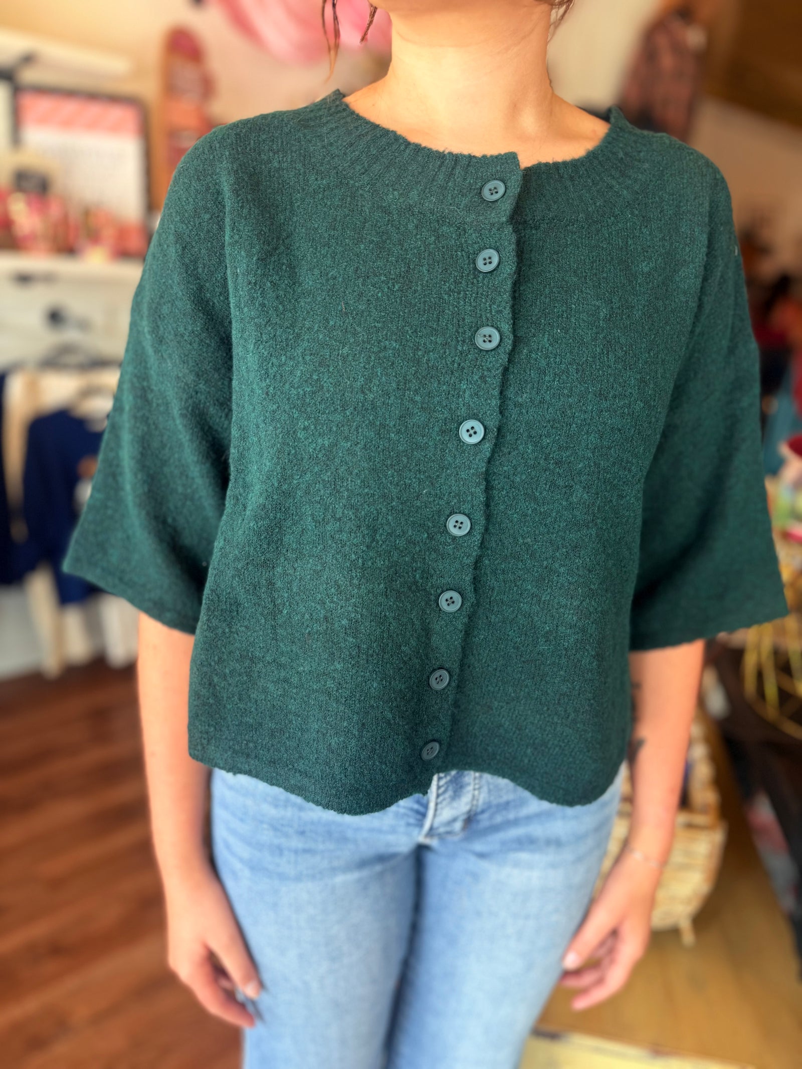 She + Sky Hunter Green Short Sleeve Button Down Cardigan