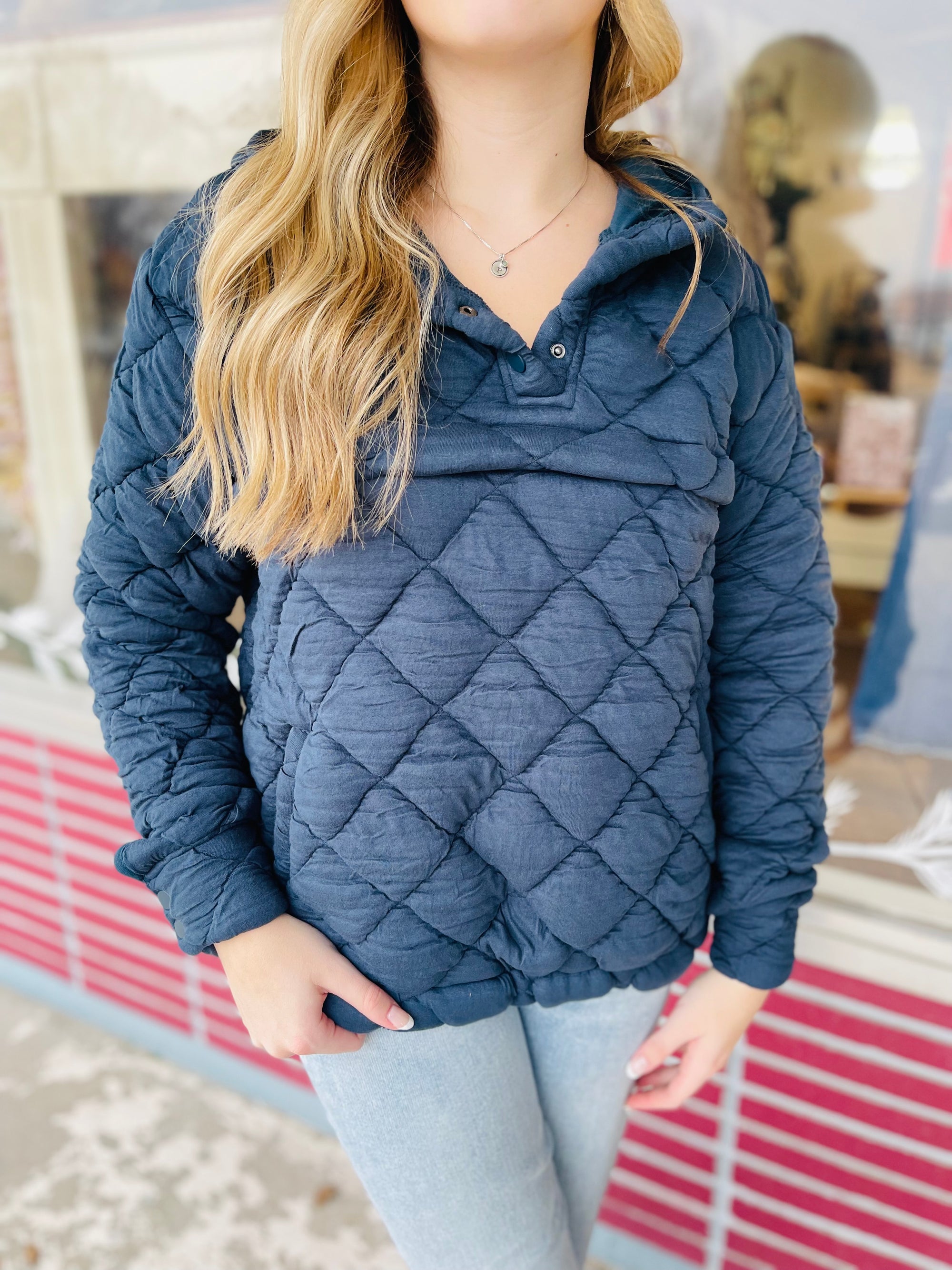 Navy Quilted Fleece Pullover Hoodie