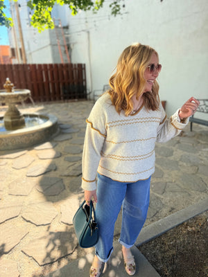 Listicle Oatmeal Contrast Stitch V-Neck Knit Sweater