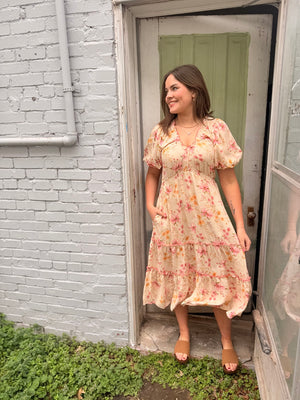 Easel Natural Floral Print Linen Midi Dress