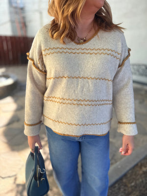 Listicle Oatmeal Contrast Stitch V-Neck Knit Sweater