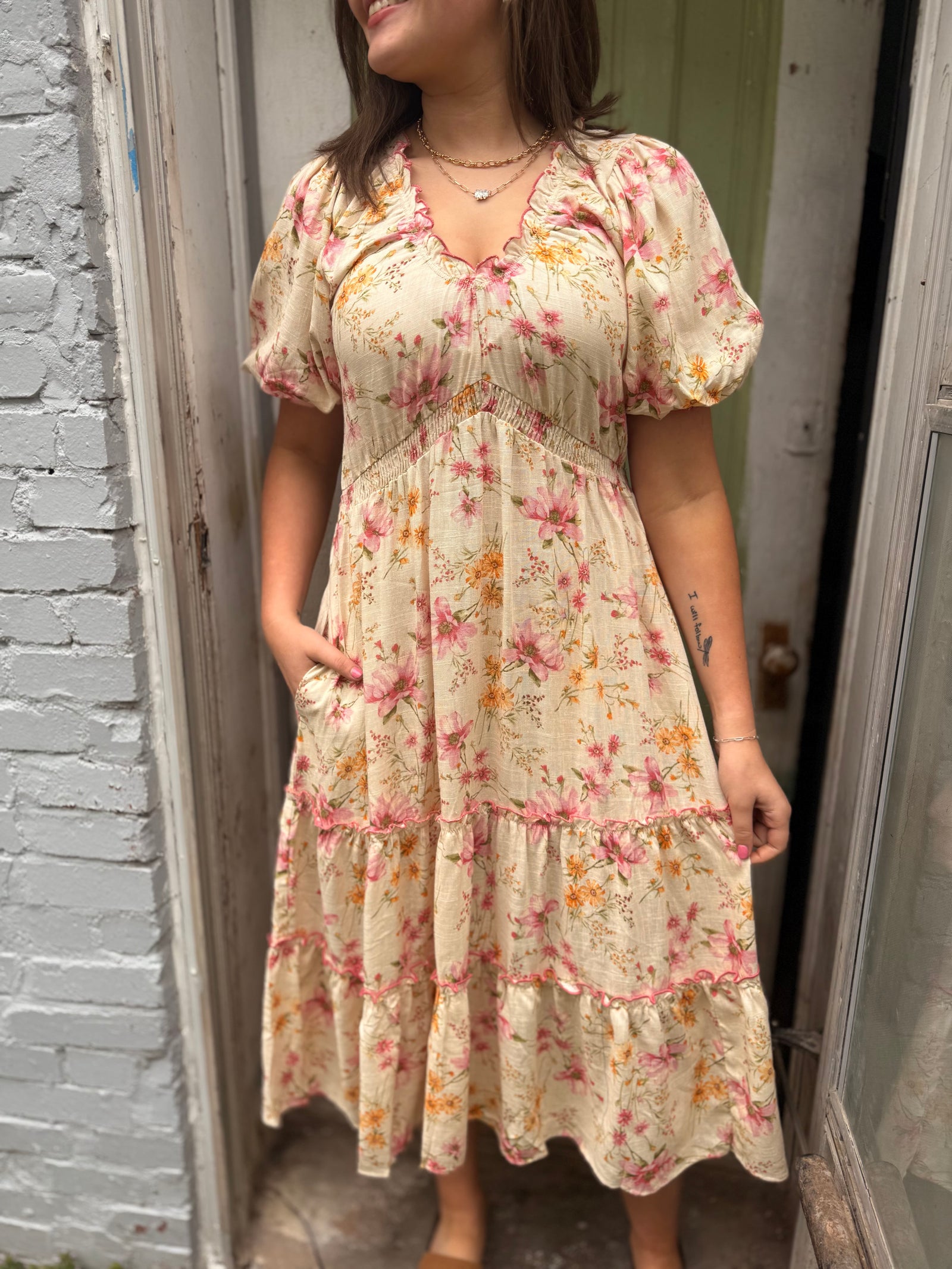 Easel Natural Floral Print Linen Midi Dress