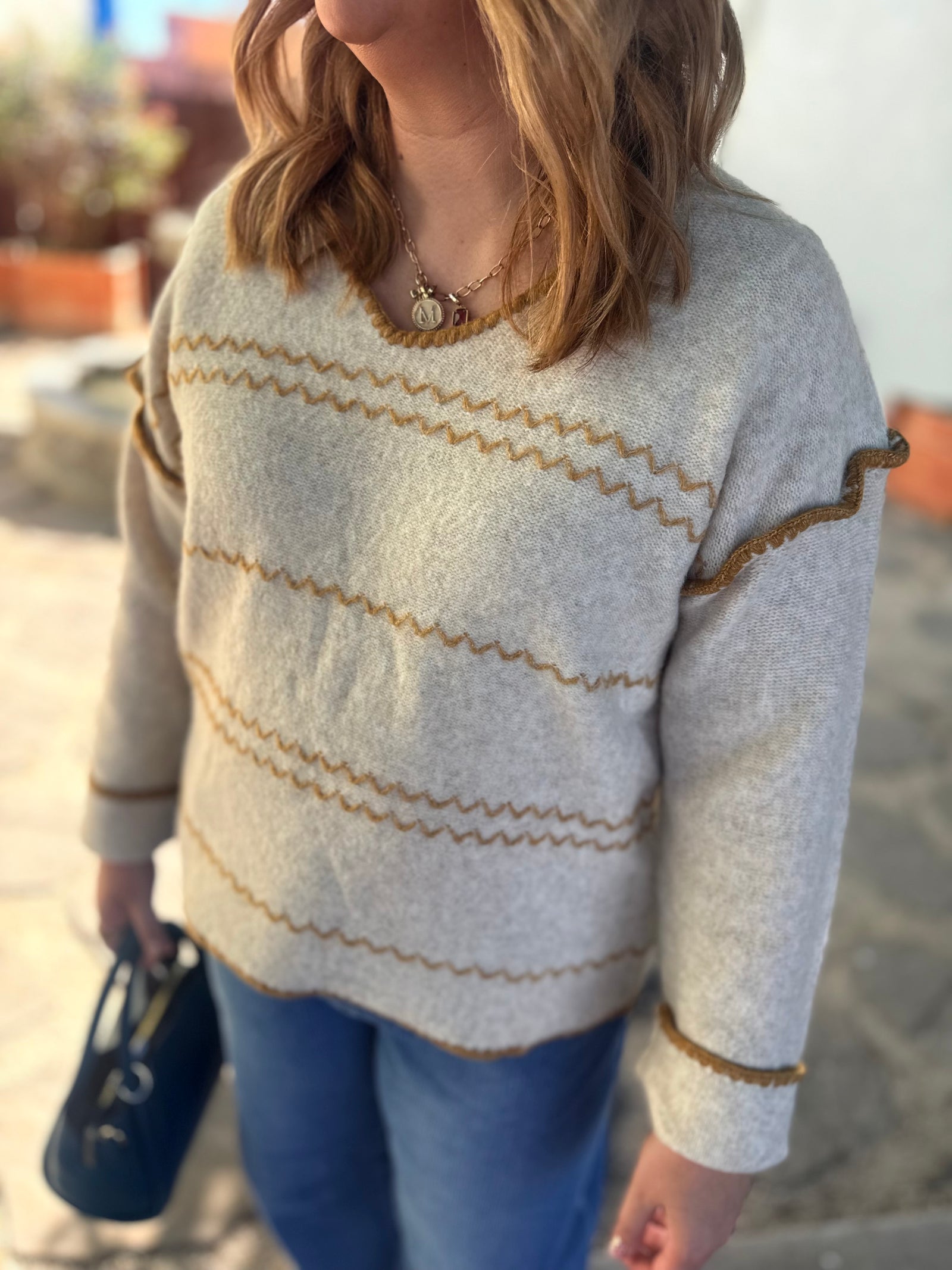 Listicle Oatmeal Contrast Stitch V-Neck Knit Sweater