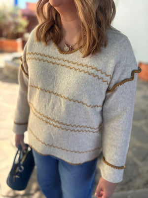 Listicle Oatmeal Contrast Stitch V-Neck Knit Sweater