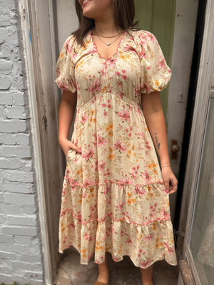 Easel Natural Floral Print Linen Midi Dress