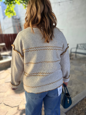 Listicle Oatmeal Contrast Stitch V-Neck Knit Sweater
