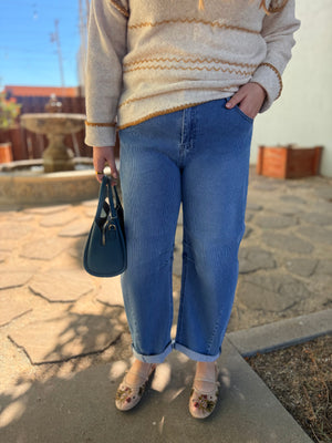 Risen Medium Wash Striped Textured Slouchy Barrel Jeans