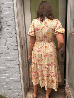 Easel Natural Floral Print Linen Midi Dress