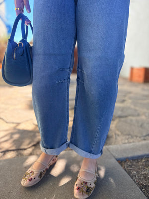 Risen Medium Wash Striped Textured Slouchy Barrel Jeans